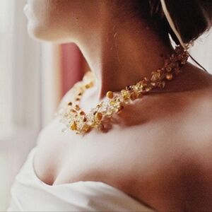 Statement Citrine and Pearl silver thick collar choker necklace adjustable